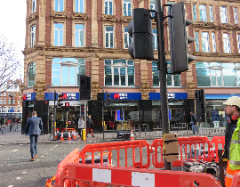 Temporary traffic lights on Tottenham Court Road
