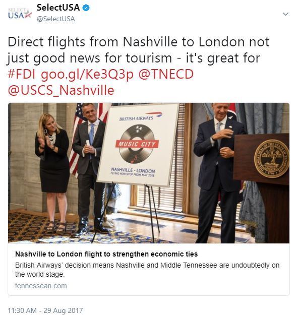Direct flights from Nashville to London not just good news for tourism - it's great for #FDI https://goo.gl/Ke3Q3p