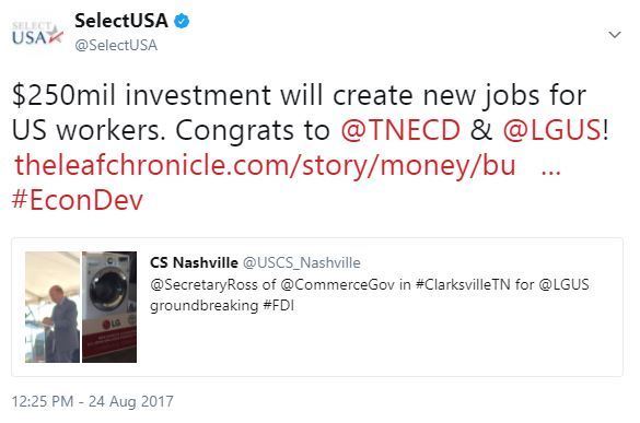 $250mil investment will create new jobs for US workers. Congrats to @TNECD & @LGUS! 