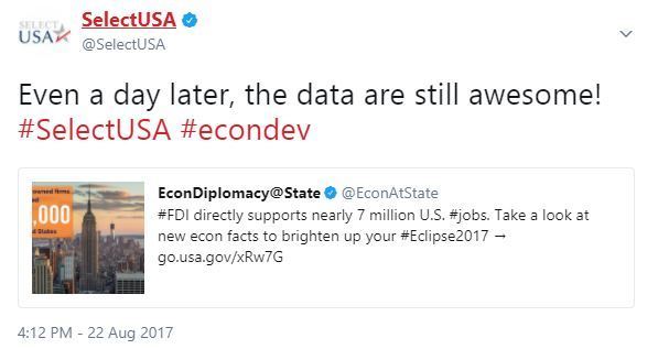 Even a day later, the data are still awesome! #SelectUSA #econdev https://twitter.com/econatstate/status/899690320912412672