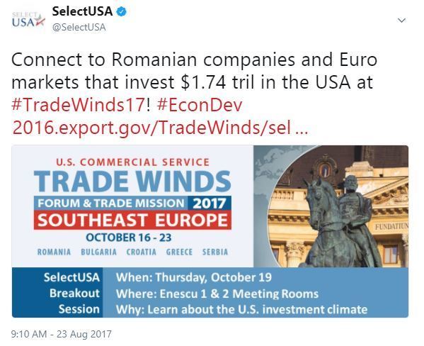 Connect to Romanian companies and Euro markets that invest $1.74 tril in the USA at #TradeWinds17! #EconDev