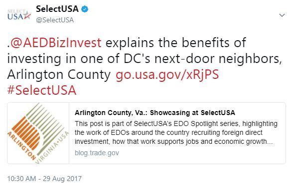 .@AEDBizInvest explains the benefits of investing in one of DC's next-door neighbors, Arlington County http://go.usa.gov/xRjPS 