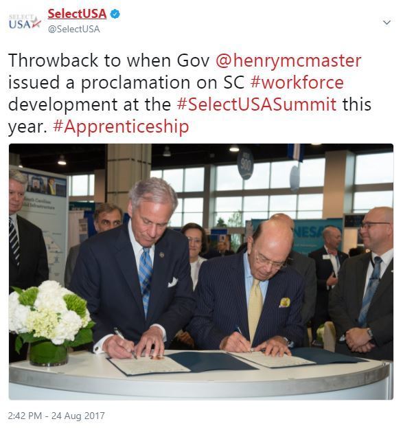 Throwback to when Gov @henrymcmaster issued a proclamation on SC #workforce development at the #SelectUSASummit this year. #Apprenticeship