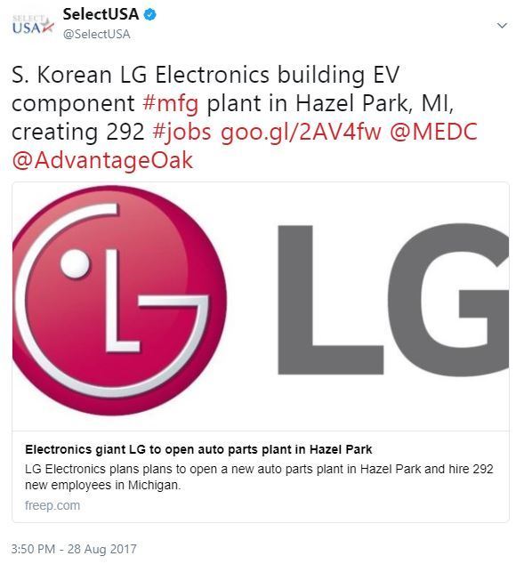 S. Korean LG Electronics building EV component #mfg plant in Hazel Park, MI, creating 292 #jobs https://goo.gl/2AV4fw