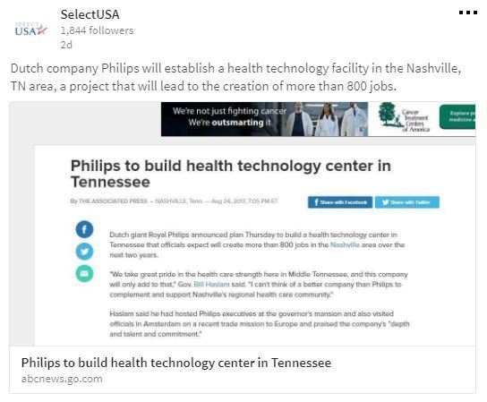 Dutch company Philips will establish a health technology facility in the Nashville, TN area