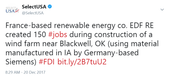 French energy co. EDF RE created 150 jobs during construction of a wind farm near Blackwell, OK (using material manufactured in IA by Siemens)