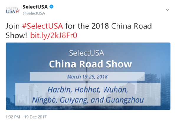 Join #SelectUSA for the 2018 China Road Show!