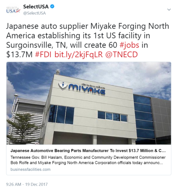 Japanese auto supplier Miyake Forging North America establishing its 1st US facility in Surgoinsville, TN, will create 60 #jobs in $13.7M #FDI