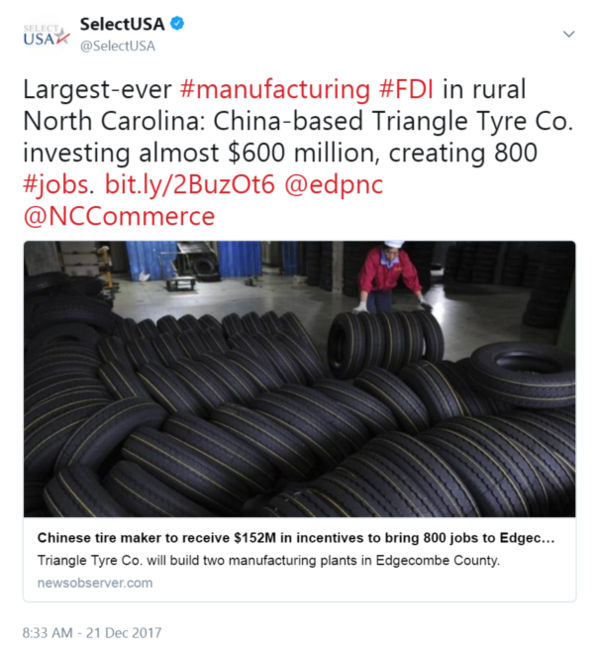 Largest-ever #manufacturing #FDI in rural North Carolina: China-based Triangle Tyre Co. investing almost $600 million, creating 800 #jobs