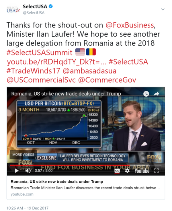 Thanks for the shout-out on @FoxBusiness, Minister Ilan Laufer! We hope to see another large delegation from Romania at the 2018 #SelectUSASummit