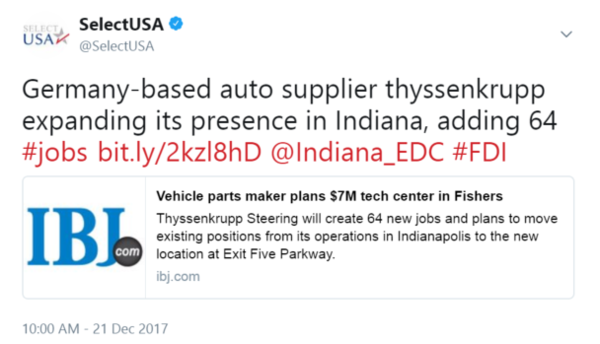 Germany-based auto supplier thyssenkrupp expanding its presence in Indiana, adding 64 #jobs