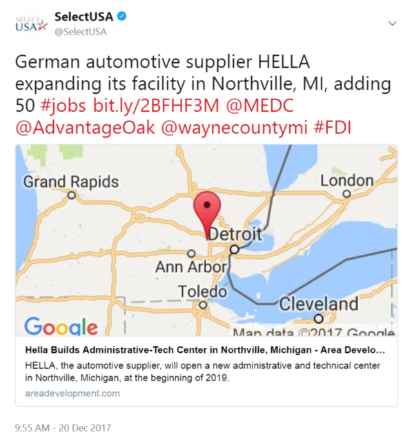 German automotive supplier HELLA expanding its facility in Northville, MI, adding 50 #jobs