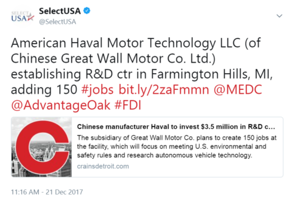 American Haval Motor Technology LLC (of Chinese Great Wall Motor Co. Ltd.) establishing R&D ctr in Farmington Hills, MI, adding 150 #jobs