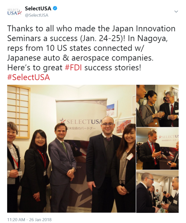 Thanks to all who made the Japan Innovation Seminars a success (Jan. 24-25)! In Nagoya, reps from 10 US states connected w/....