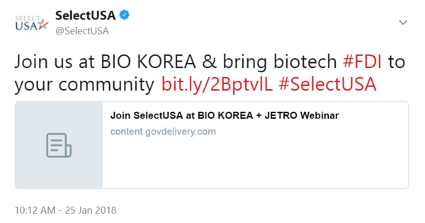 Join us at BIO KOREA & bring biotech #FDI to your community http://bit.ly/2BptvlL  #SelectUSA