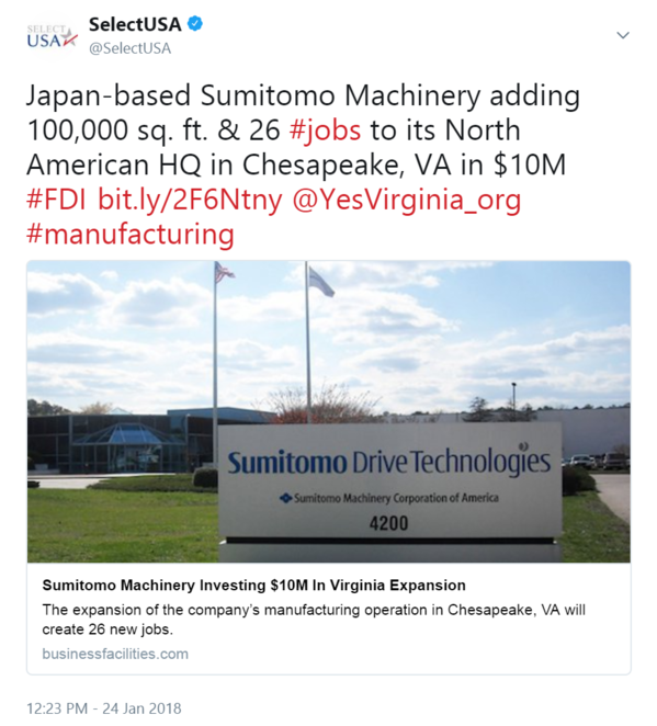 Japan-based Sumitomo Machinery adding 100,000 sq. ft. & 26 #jobs to its North American HQ in Chesapeake, VA in $10M #FDI