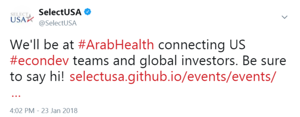 We'll be at #ArabHealth connecting US #econdev teams and global investors. Be sure to say hi!