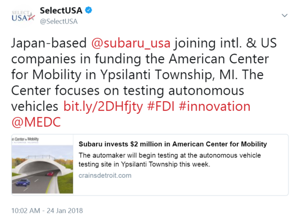 Japan-based @subaru_usa joining intl. & US companies in funding the American Center for Mobility in Ypsilanti Township, MI...