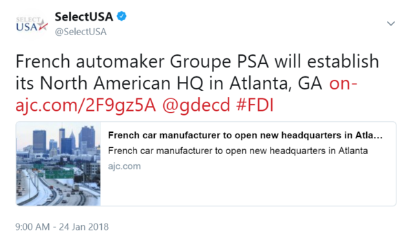 French automaker Groupe PSA will establish its North American HQ in Atlanta, GA