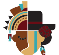 Image shows a stylised face wearing an Indigenous head-dress and a modern, black hat