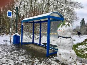 Snowman at a Community Transit bus stop