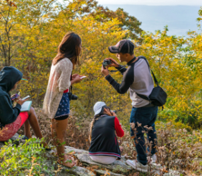 Middle school students in the forest taking photographs with digital cameras