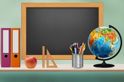 Graphic of schoolroom with a globe, chalkboard, pencils and binders